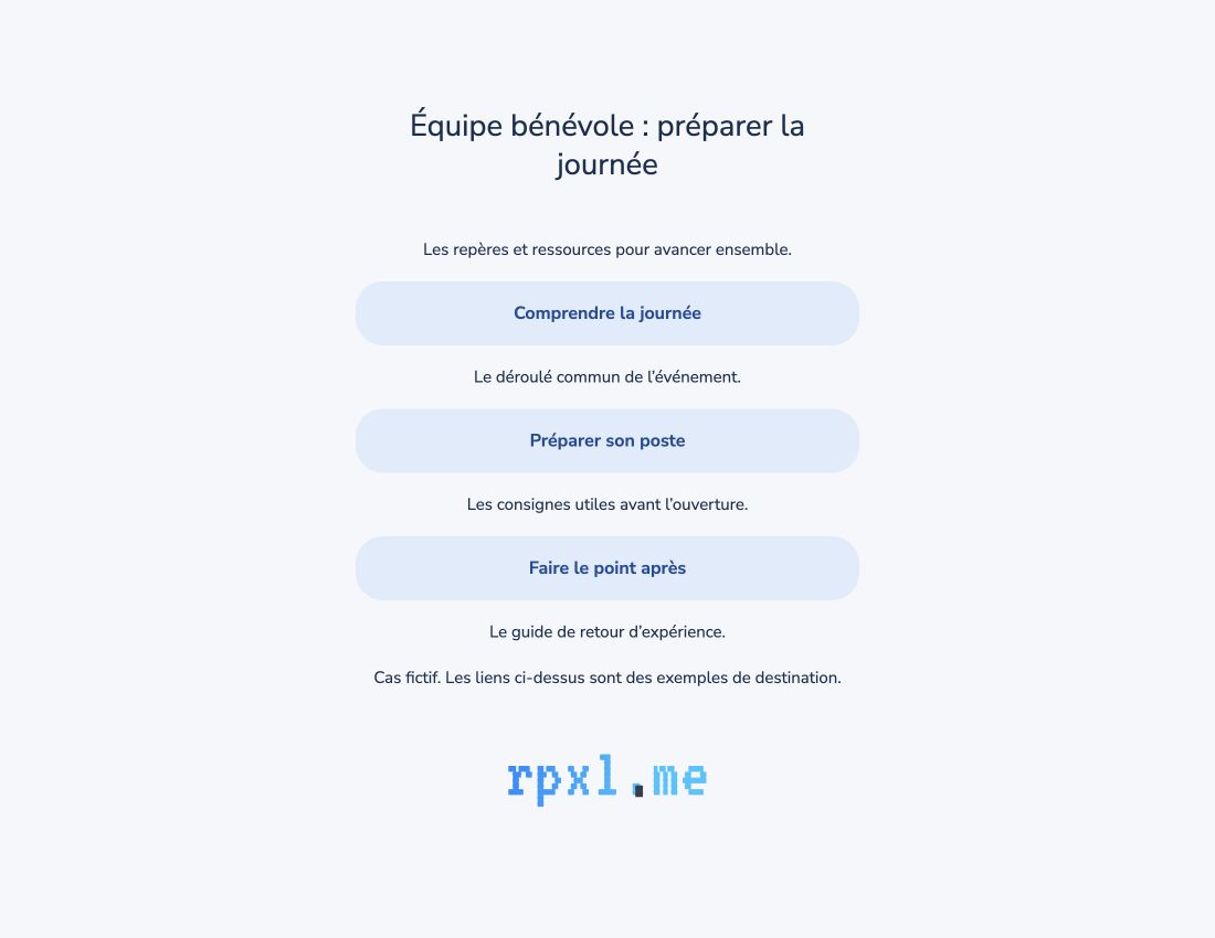 Capture réelle de Rpxl : Équipe bénévole : préparer la journée avec des ressources fictives