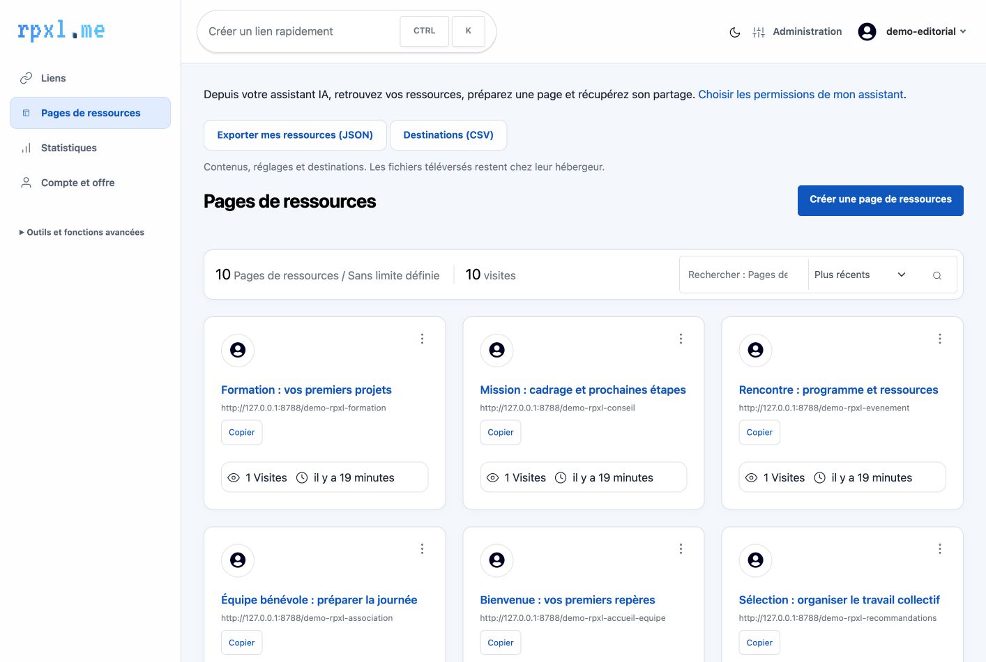 Interface Rpxl avec des ressources fictives de démonstration