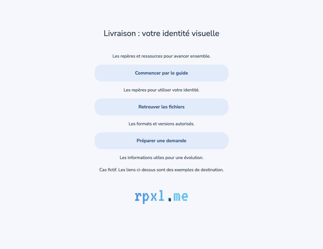Capture réelle de Rpxl : Livraison : votre identité visuelle avec des ressources fictives