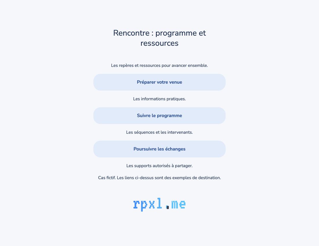 Page de démonstration Rpxl regroupant le programme et les ressources d’un événement fictif